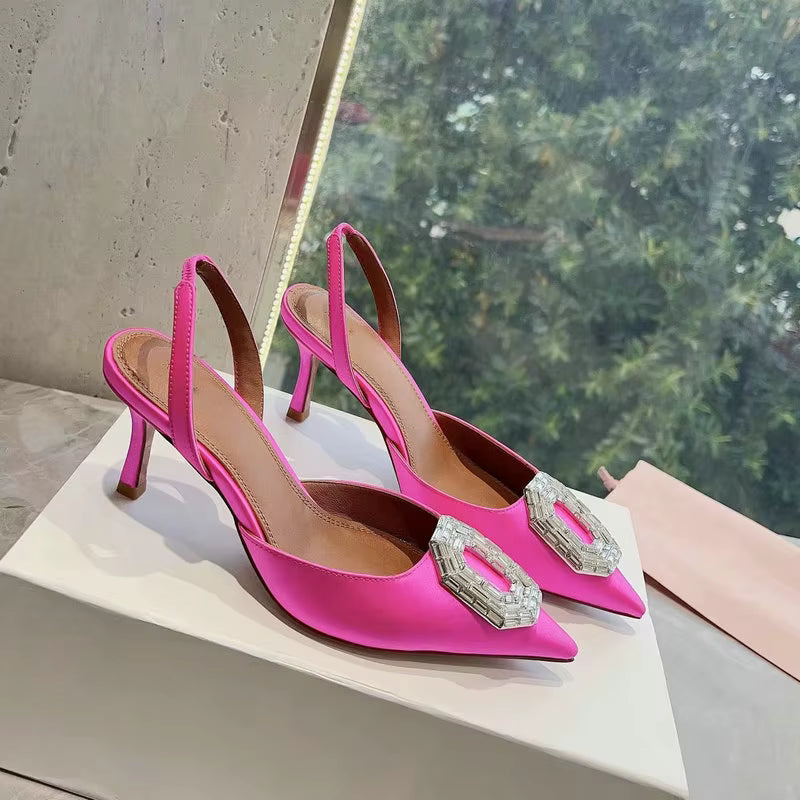 Rhinestone Satin elastic band Pointy Toe Crystal High Heels