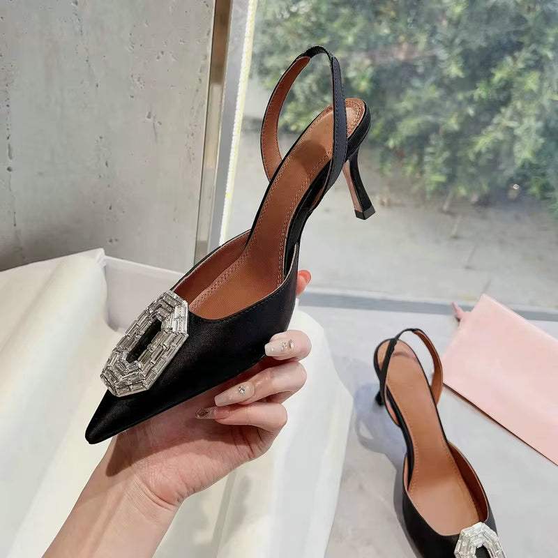 Rhinestone Satin elastic band Pointy Toe Crystal High Heels