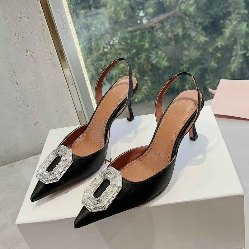 Rhinestone Satin elastic band Pointy Toe Crystal High Heels