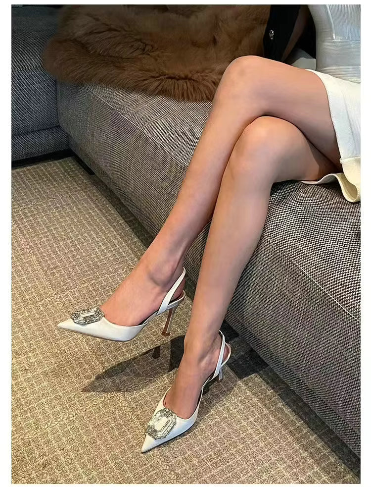 Rhinestone Satin elastic band Pointy Toe Crystal High Heels