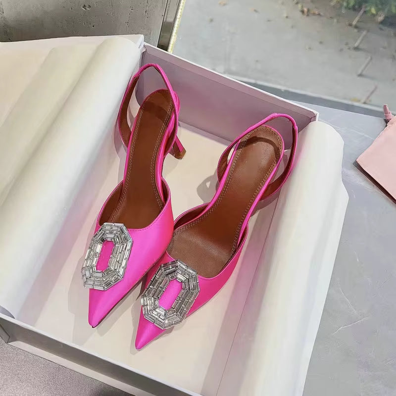 Rhinestone Satin elastic band Pointy Toe Crystal High Heels