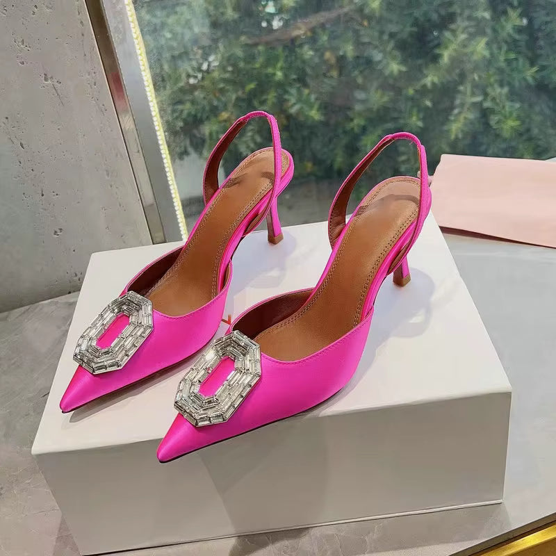Rhinestone Satin elastic band Pointy Toe Crystal High Heels