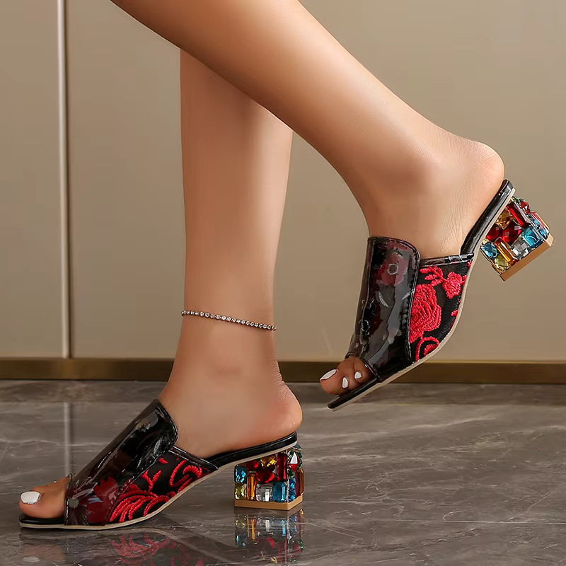 Rhinestone Square Peep Toe Slip On Embroidered High Heel