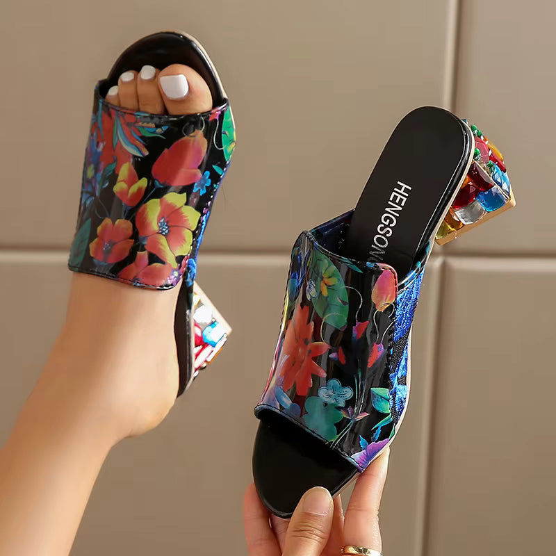 Rhinestone Square Peep Toe Slip On Embroidered High Heel
