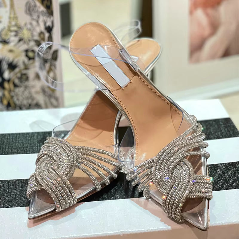 Rhinestone Solid Pointed toe Rubber Roman Strap Stiletto Heel