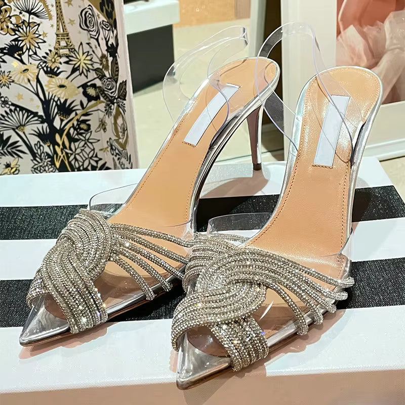 Rhinestone Solid Pointed toe Rubber Roman Strap Stiletto Heel