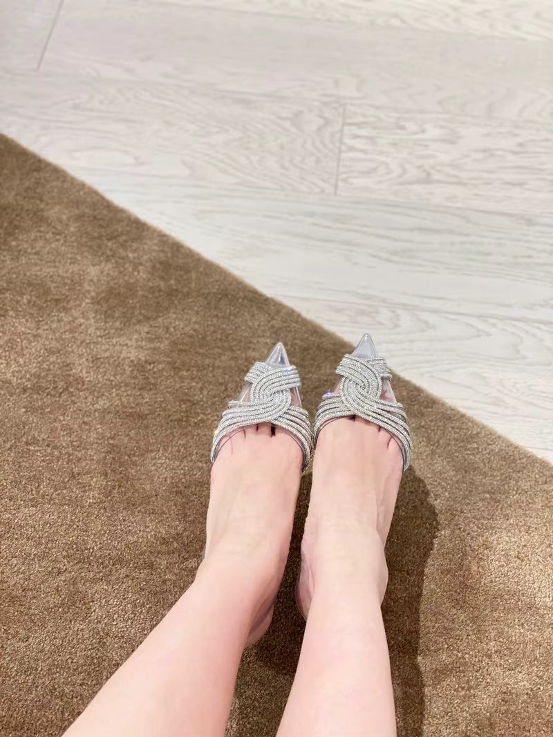 Rhinestone Solid Pointed toe Rubber Roman Strap Stiletto Heel