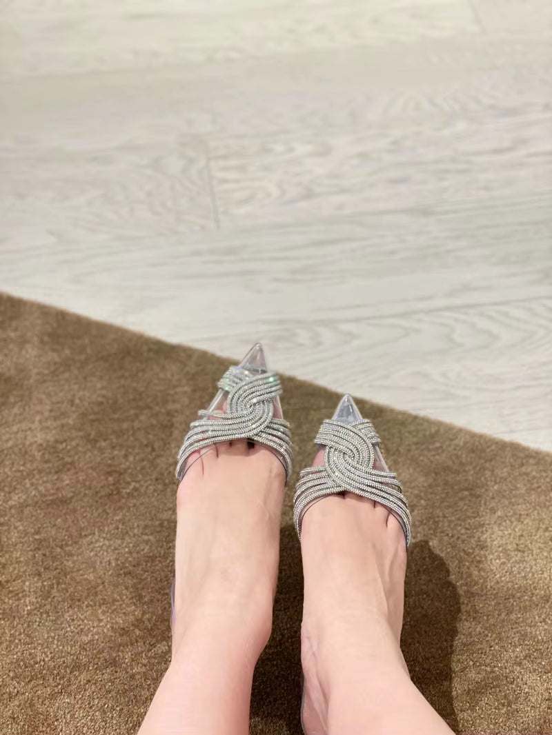 Rhinestone Solid Pointed toe Rubber Roman Strap Stiletto Heel