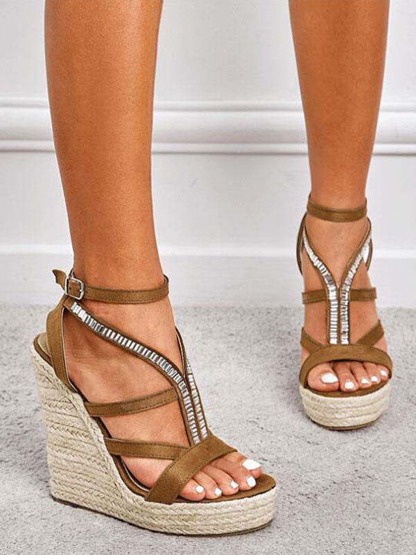 Rhinestone Strap Platform Wedge Sandals