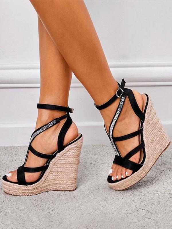 Rhinestone Strap Platform Wedge Sandals