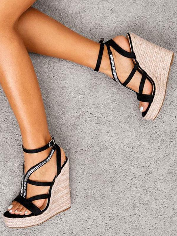 Rhinestone Strap Platform Wedge Sandals