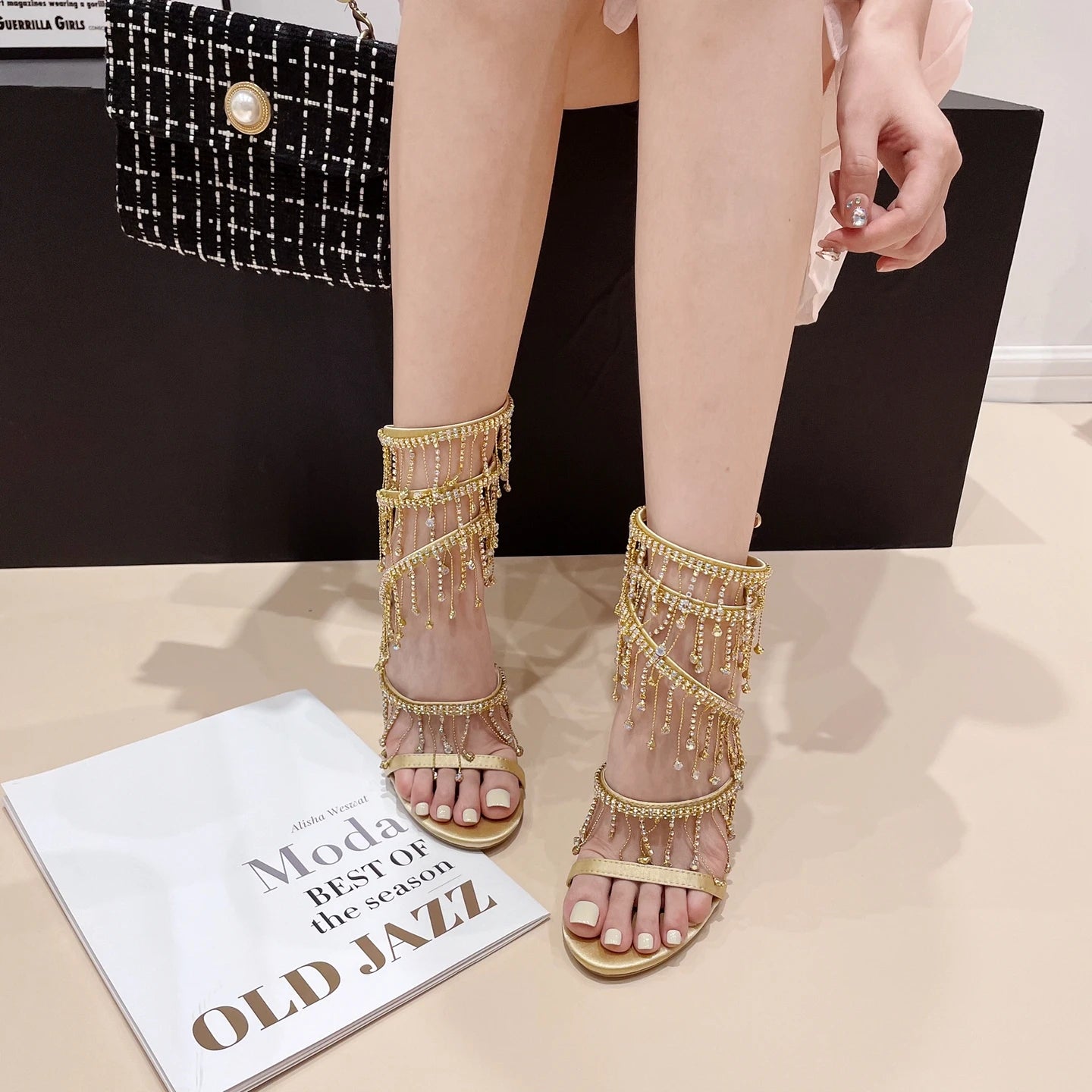 Rhinestone String Bead Ankle Strap Silk Round Toe Open Toe High Heels