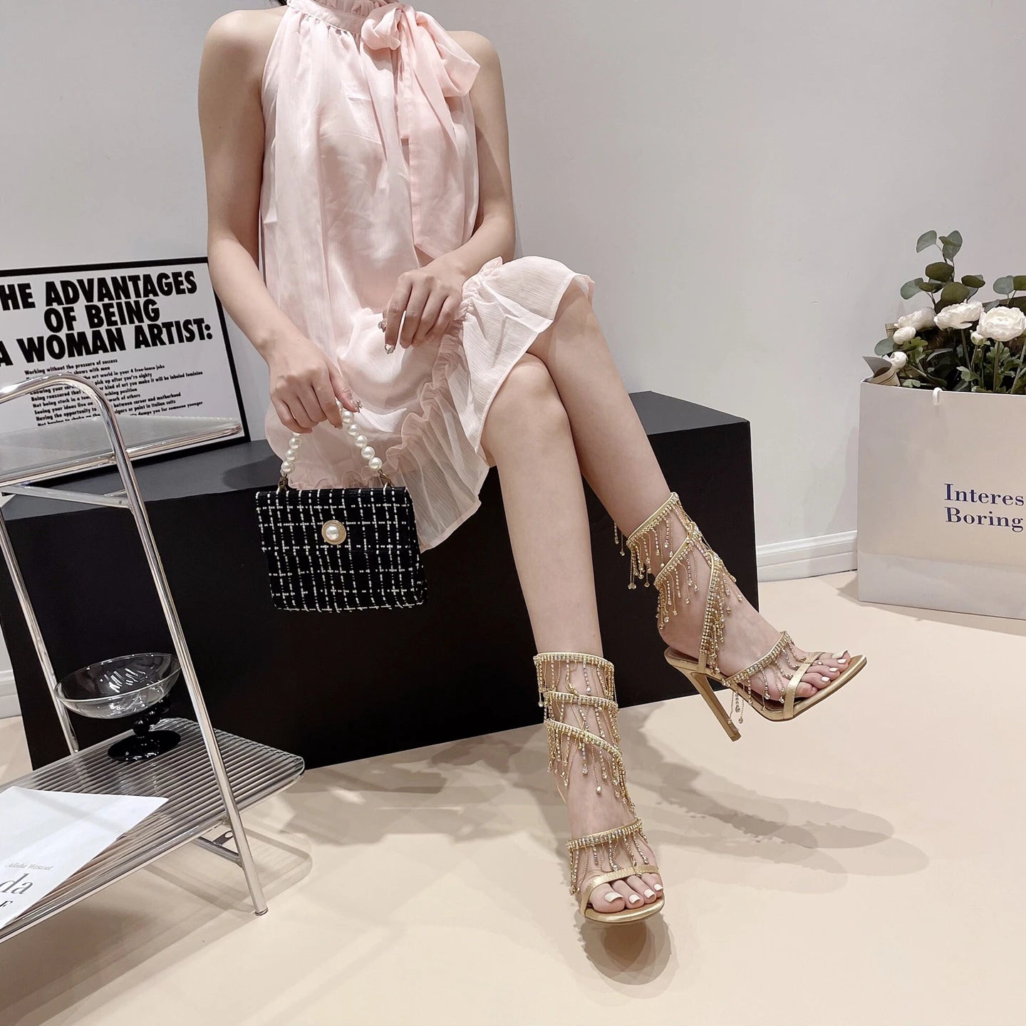 Rhinestone String Bead Ankle Strap Silk Round Toe Open Toe High Heels