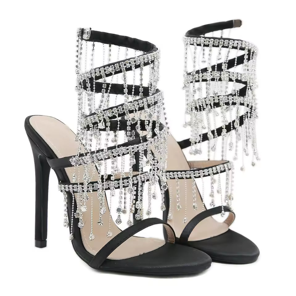 Rhinestone String Bead Ankle Strap Silk Round Toe Open Toe High Heels