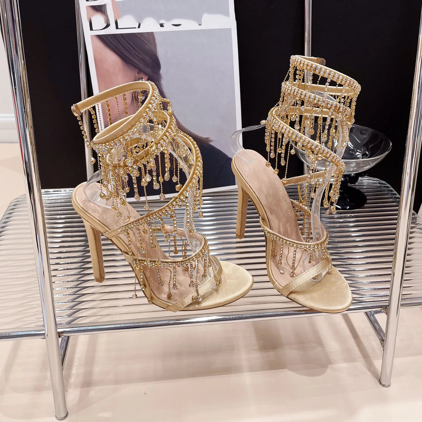 Rhinestone String Bead Ankle Strap Silk Round Toe Open Toe High Heels