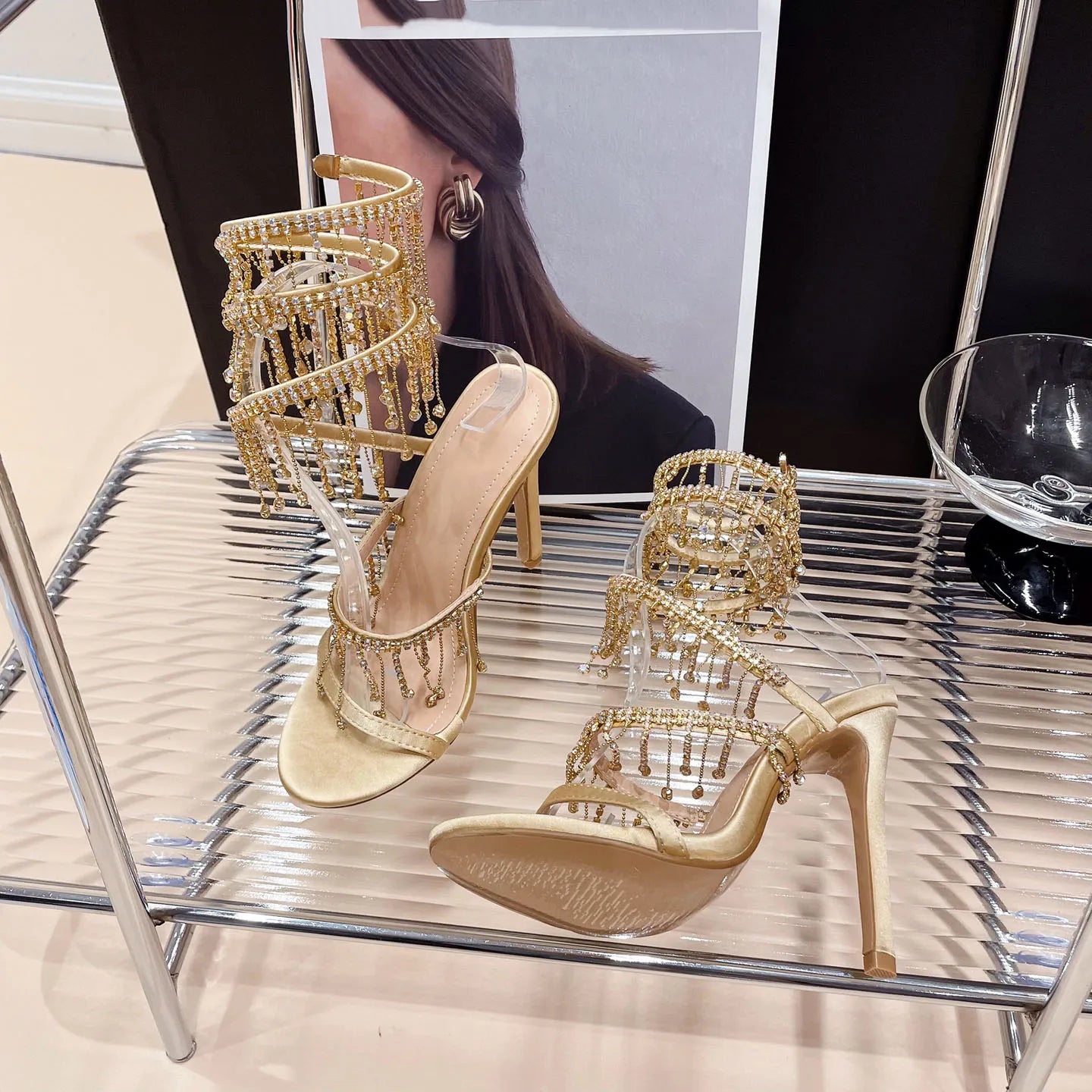 Rhinestone String Bead Ankle Strap Silk Round Toe Open Toe High Heels