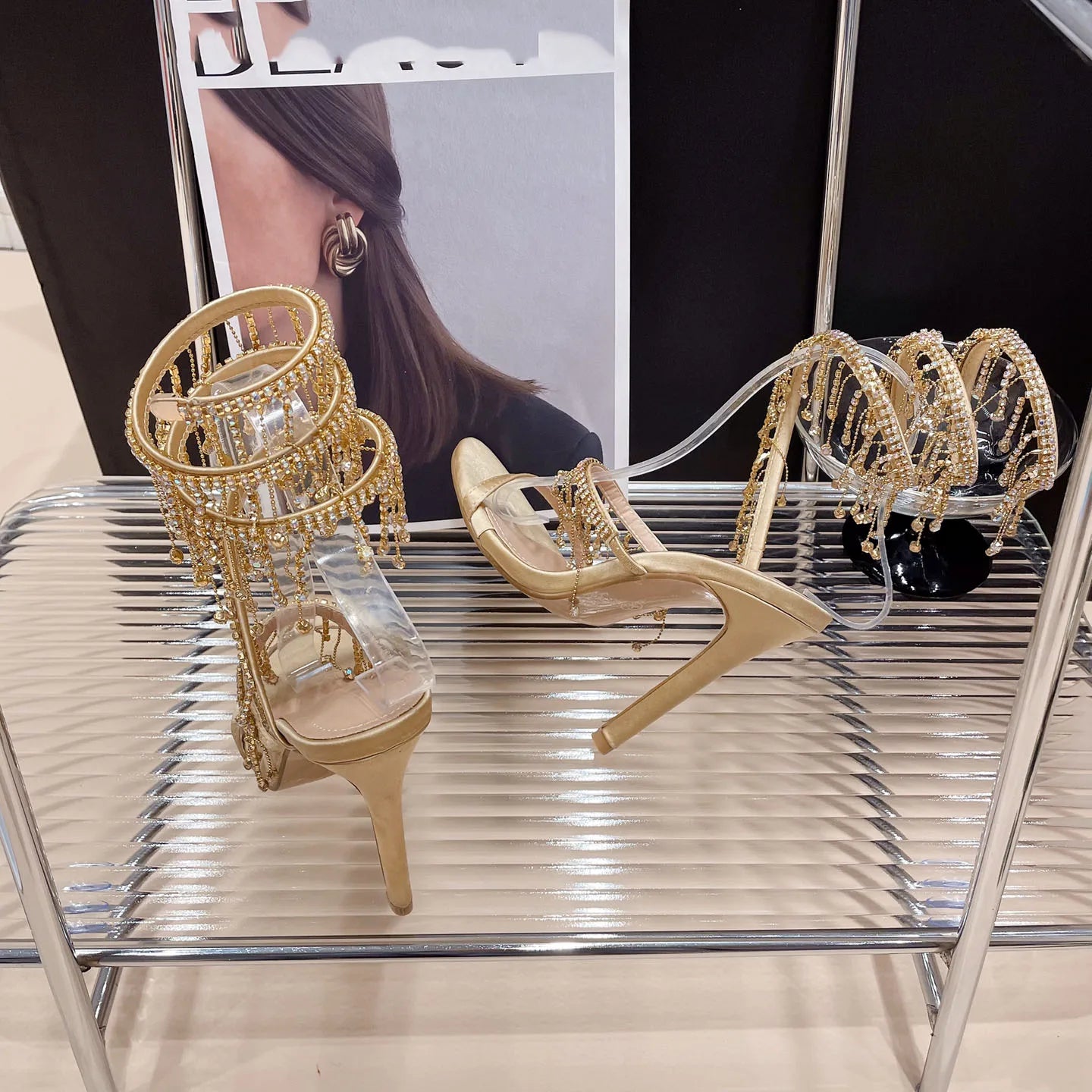 Rhinestone String Bead Ankle Strap Silk Round Toe Open Toe High Heels