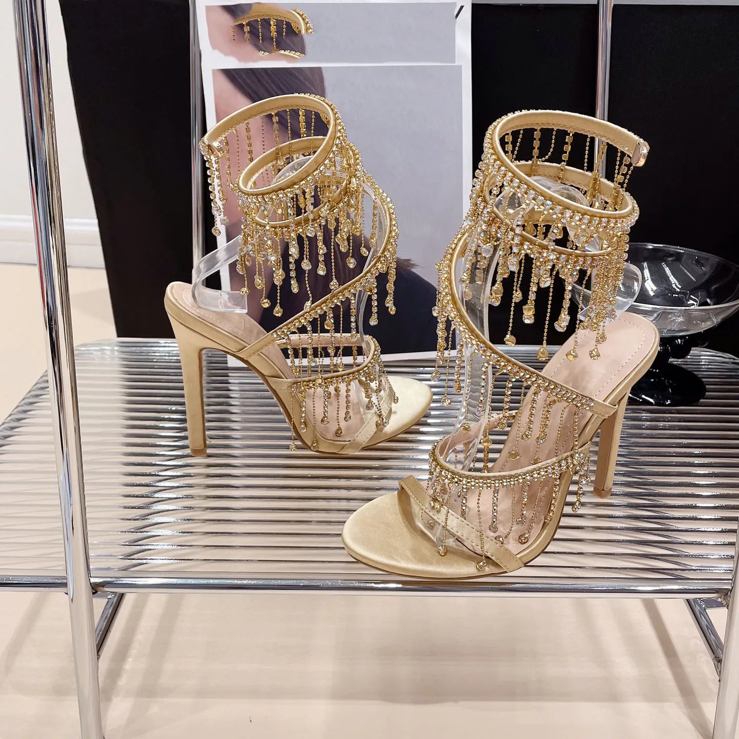 Rhinestone String Bead Ankle Strap Silk Round Toe Open Toe High Heels
