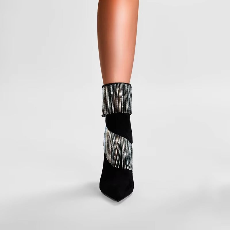 Rhinestone tassel Pointed toe Microfiber nightclub large size short boots
