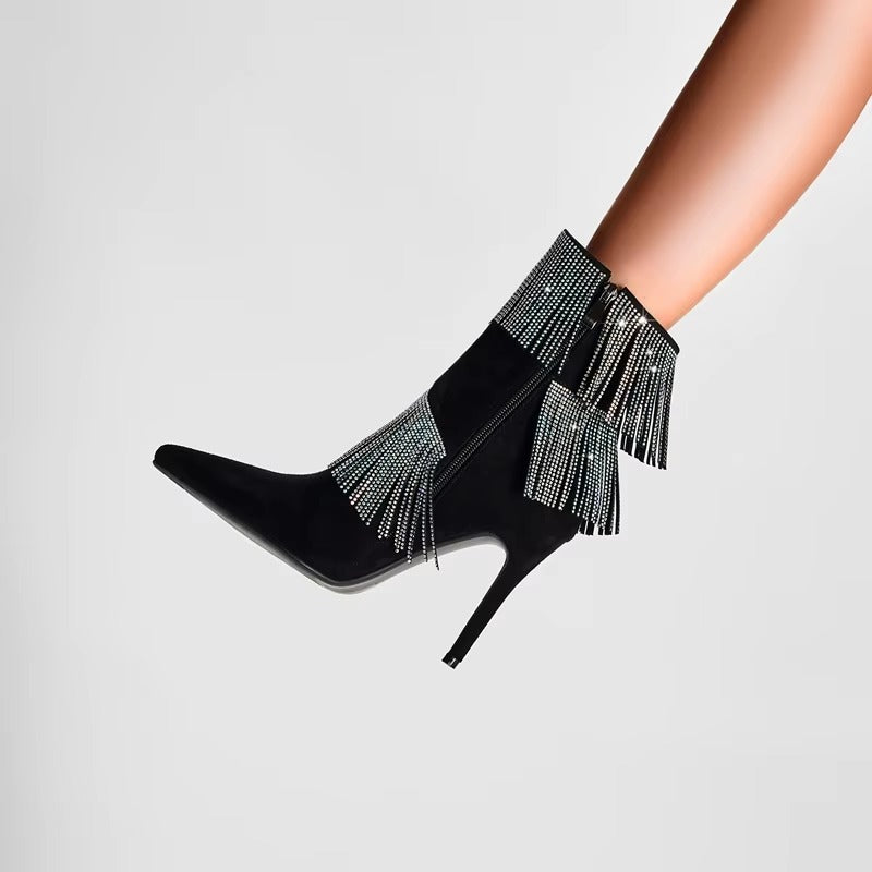 Rhinestone tassel Pointed toe Microfiber nightclub large size short boots
