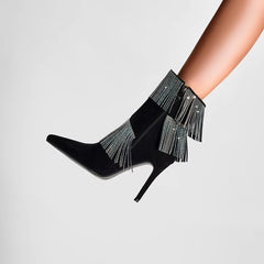 Rhinestone tassel Pointed toe Microfiber nightclub large size short boots