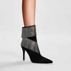Rhinestone tassel Pointed toe Microfiber nightclub large size short boots