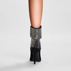 Rhinestone tassel Pointed toe Microfiber nightclub large size short boots