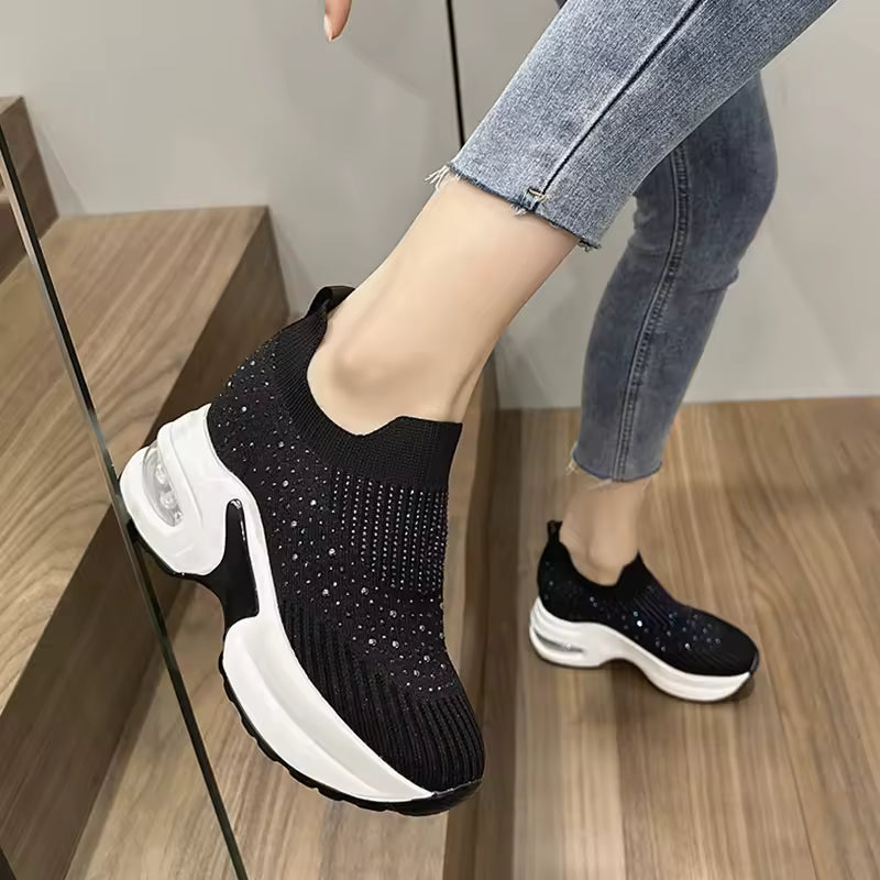 Rhinestone wedge SLIP-ON sneakers Loafers Platform Shoes