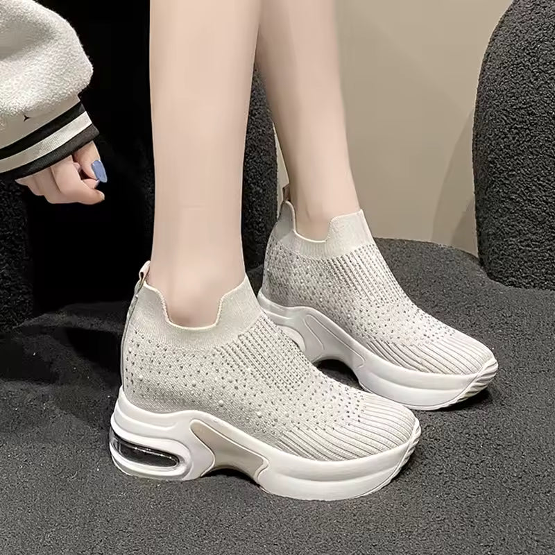 Rhinestone wedge SLIP-ON sneakers Loafers Platform Shoes