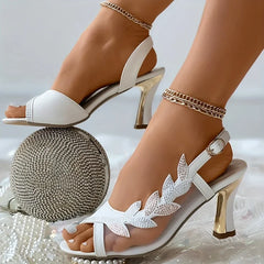 Rhinestones Mesh Peep Toe Buckle Strap Slingback High Heel Sandal