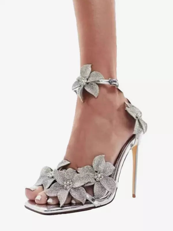 Rhinestones Open Toe Slip-On Flowers Detail Stiletto High Heel