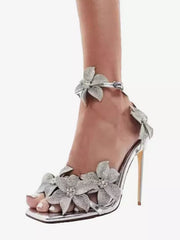 Rhinestones Open Toe Slip-On Flowers Detail Stiletto High Heel