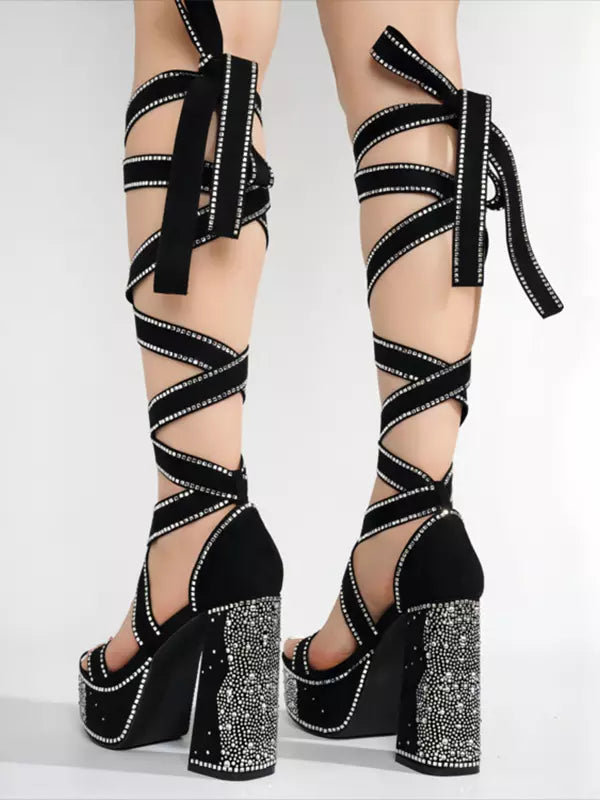 Rhinestones Polyurethane Micro Suede Open Toe Lace Up High Heel