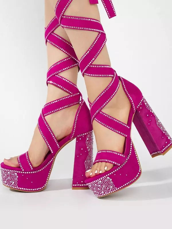 Rhinestones Polyurethane Micro Suede Open Toe Lace Up High Heel