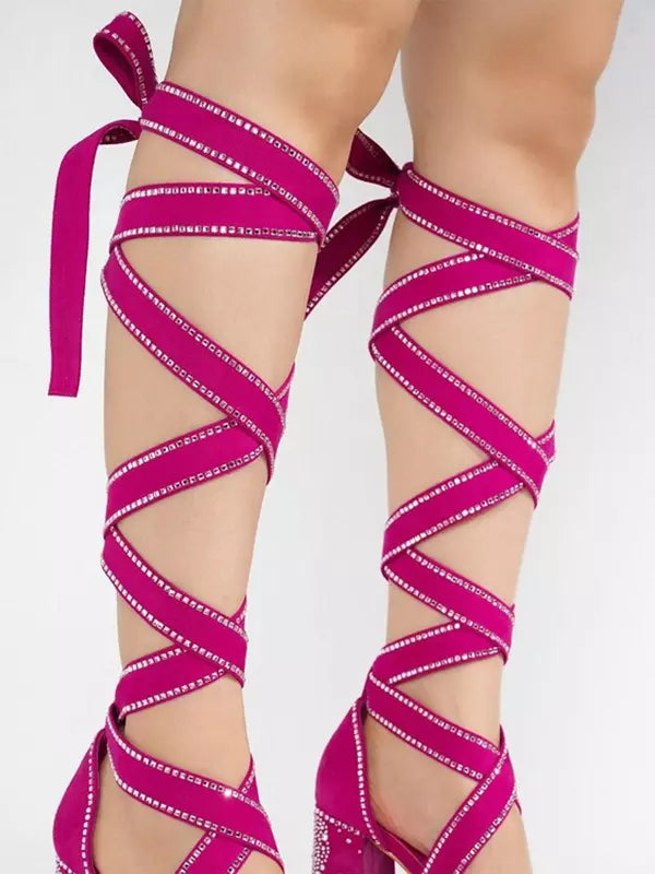 Rhinestones Polyurethane Micro Suede Open Toe Lace Up High Heel