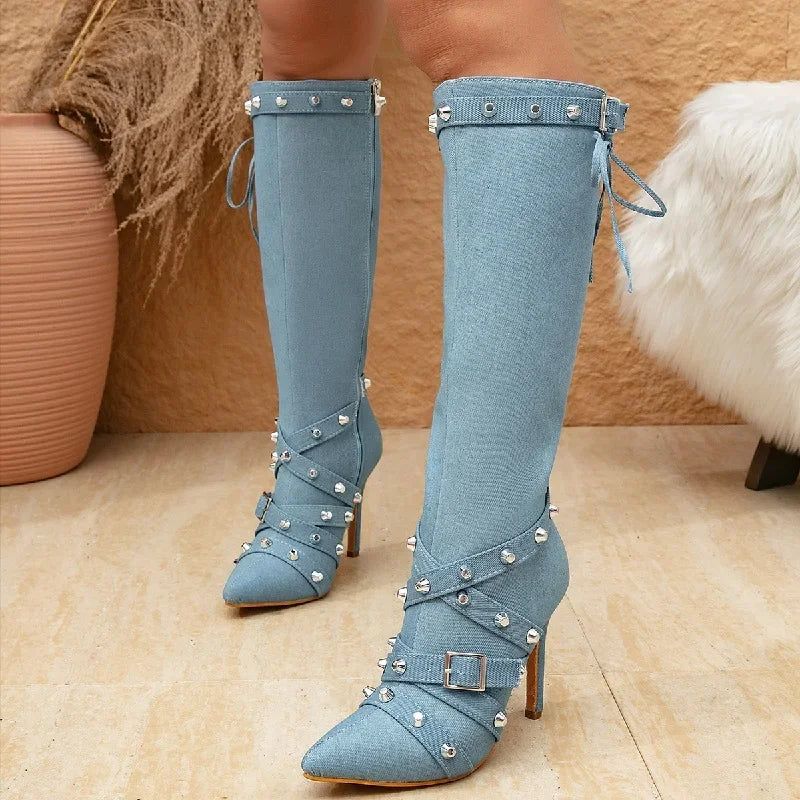 Rivet Belt Buckle Pointed Toe Side Zipper Thin Knee-High Boots