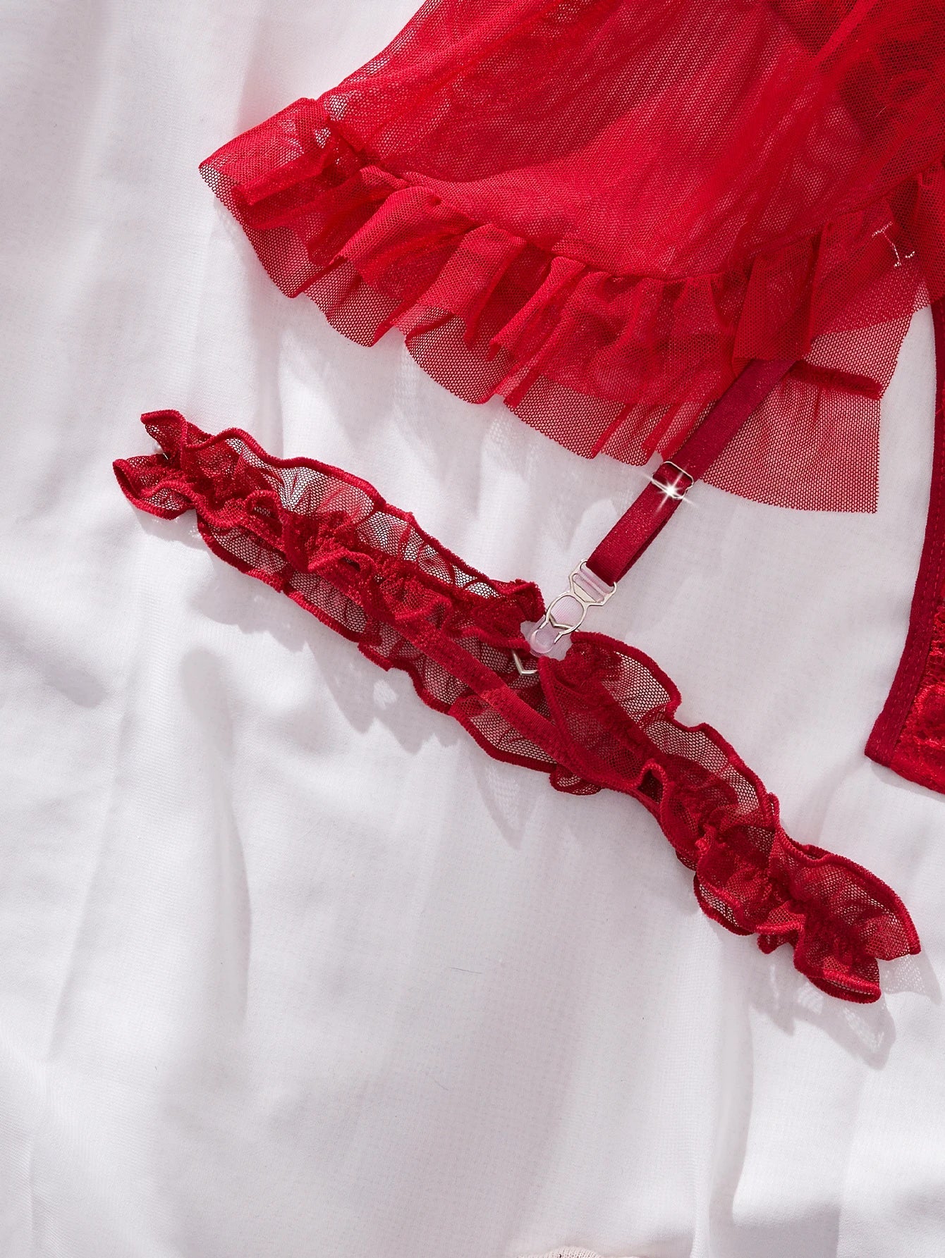 Role Play Red Bodysuit With Leg Ring Mesh Lace See Through Deep V Plunge Backless Hollow Out Suspender Teddy Lingerie
