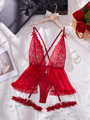 Role Play Red Bodysuit With Leg Ring Mesh Lace See Through Deep V Plunge Backless Hollow Out Suspender Teddy Lingerie