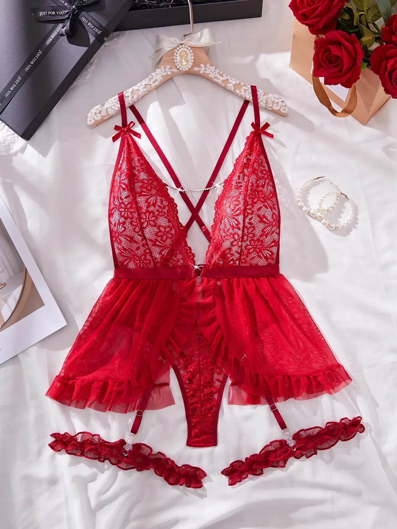 Role Play Red Bodysuit With Leg Ring Mesh Lace See Through Deep V Plunge Backless Hollow Out Suspender Teddy Lingerie