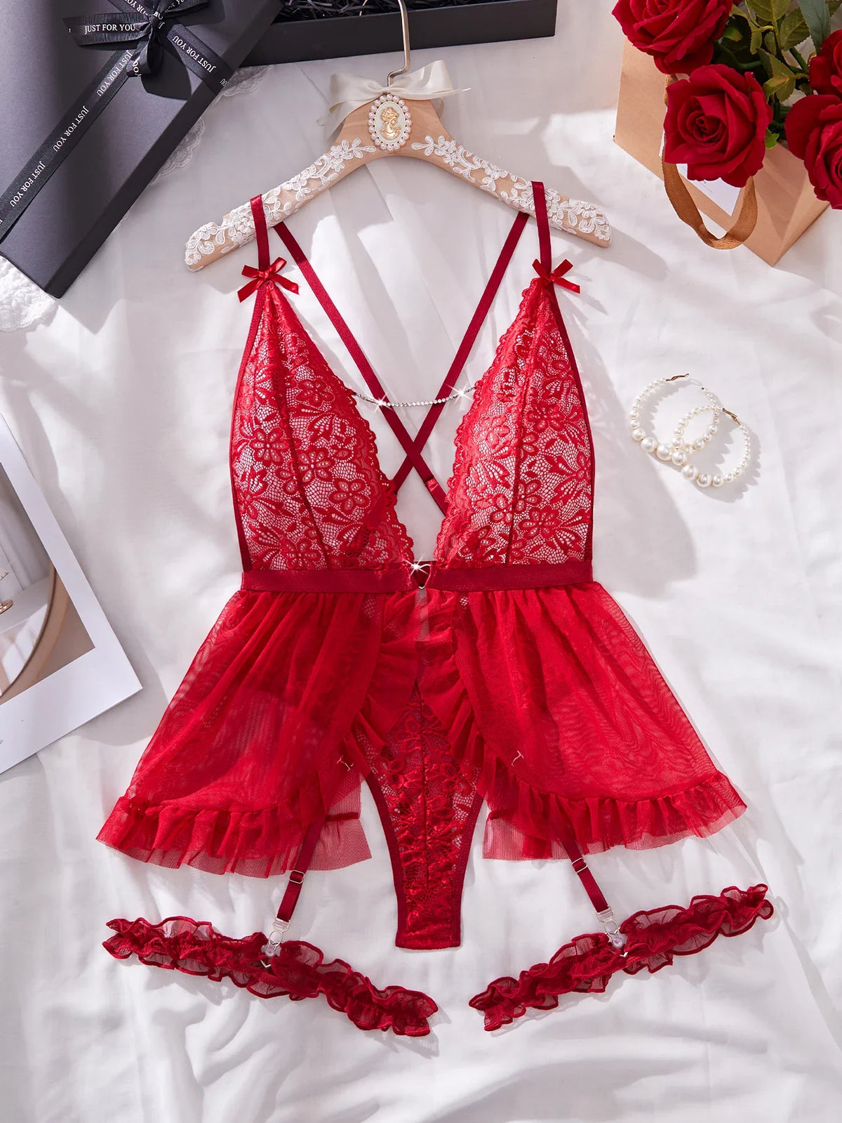 Role Play Red Bodysuit With Leg Ring Mesh Lace See Through Deep V Plunge Backless Hollow Out Suspender Teddy Lingerie