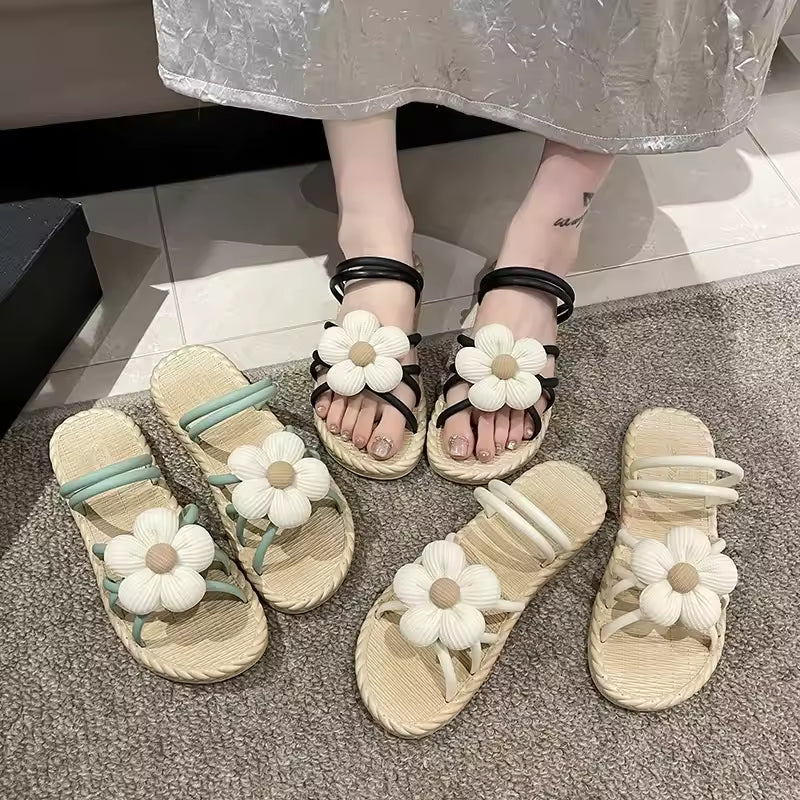 Roman Style Internet Celebrity Outer Wear PVC With Flower Flat Slippers