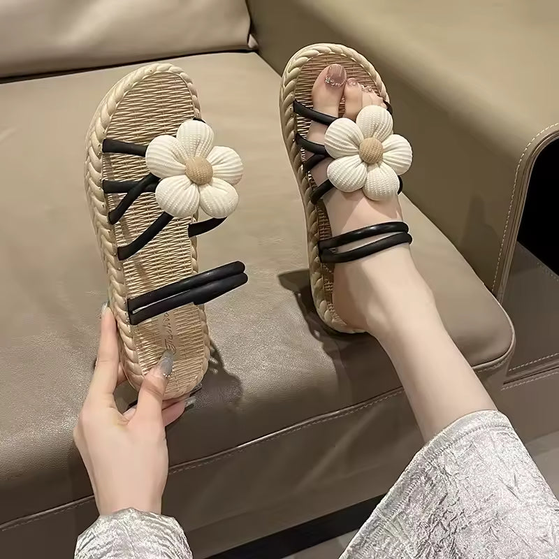 Roman Style Internet Celebrity Outer Wear PVC With Flower Flat Slippers