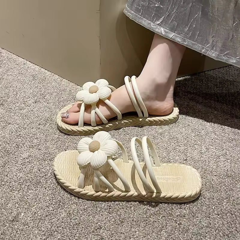 Roman Style Internet Celebrity Outer Wear PVC With Flower Flat Slippers