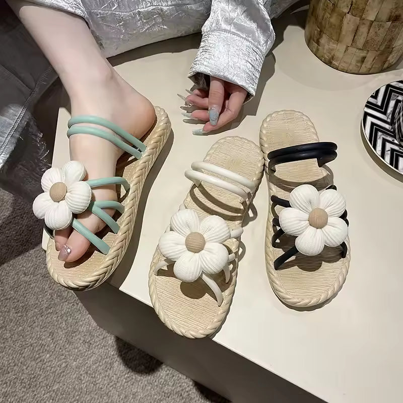 Roman Style Internet Celebrity Outer Wear PVC With Flower Flat Slippers