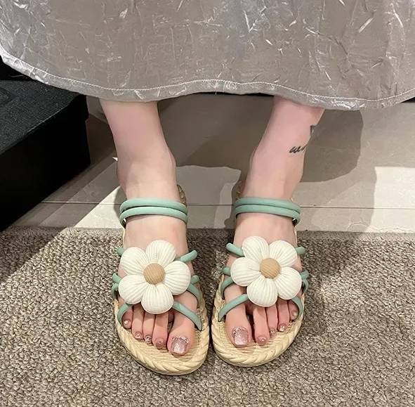 Roman Style Internet Celebrity Outer Wear PVC With Flower Flat Slippers