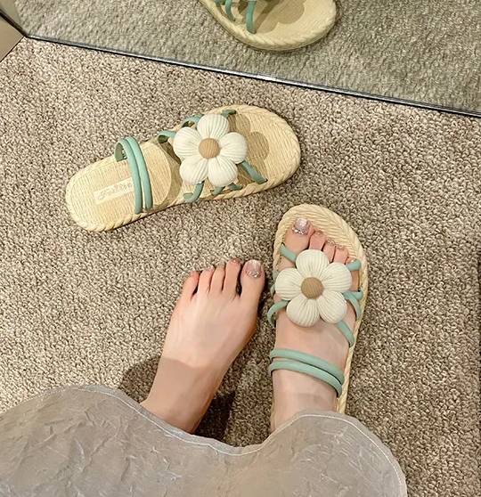 Roman Style Internet Celebrity Outer Wear PVC With Flower Flat Slippers