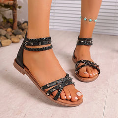 Roman Style Rivets Braided Ankle Strap Gladiator Flat Sandals