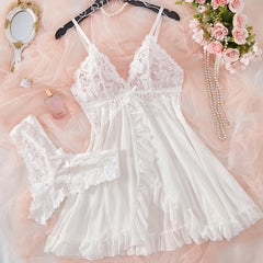 Romantic White Lingerie Underwear See Through Sleepwear Lace Nightdress And Panty Pijamas Sets Female Nighty