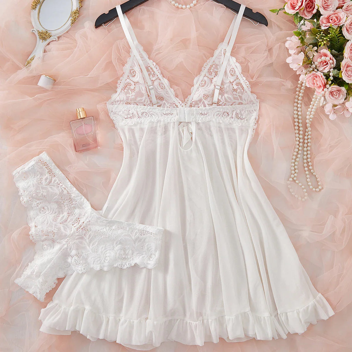 Romantic White Lingerie Underwear See Through Sleepwear Lace Nightdress And Panty Pijamas Sets Female Nighty