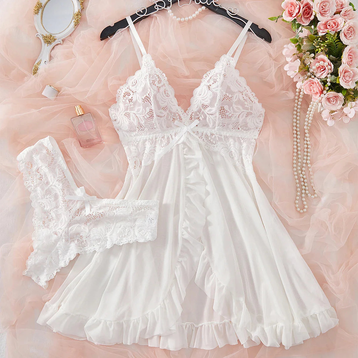 Romantic White Lingerie Underwear See Through Sleepwear Lace Nightdress And Panty Pijamas Sets Female Nighty